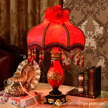 法式婚房婚庆蕾绣布艺床头灯 欧式复古红色浪漫复古温馨卧室台灯