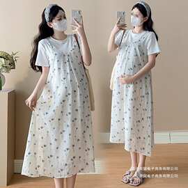 孕妇装夏装假两件短袖碎花连衣裙宽松大码休闲裙子夏季孕妇裙潮妈