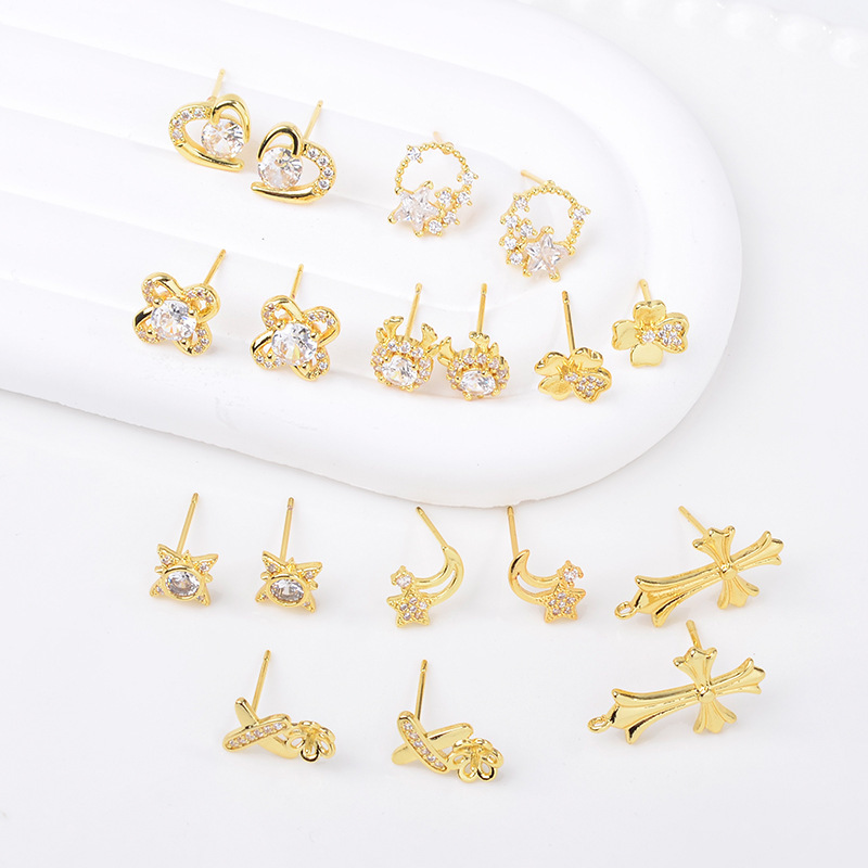 Pure Copper Micro-Inlaid Rhinestone Earrings in Stock Direct Sale Color-Preserving Real Gold Simple Fashion DIY High-End Material Batch