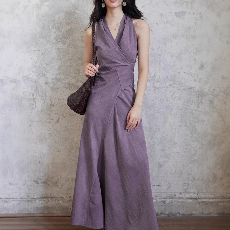 TYANG Two Sheep [Qing Wan] Temperament Purple V-Neck Long Dress Women's Strap Design Dress