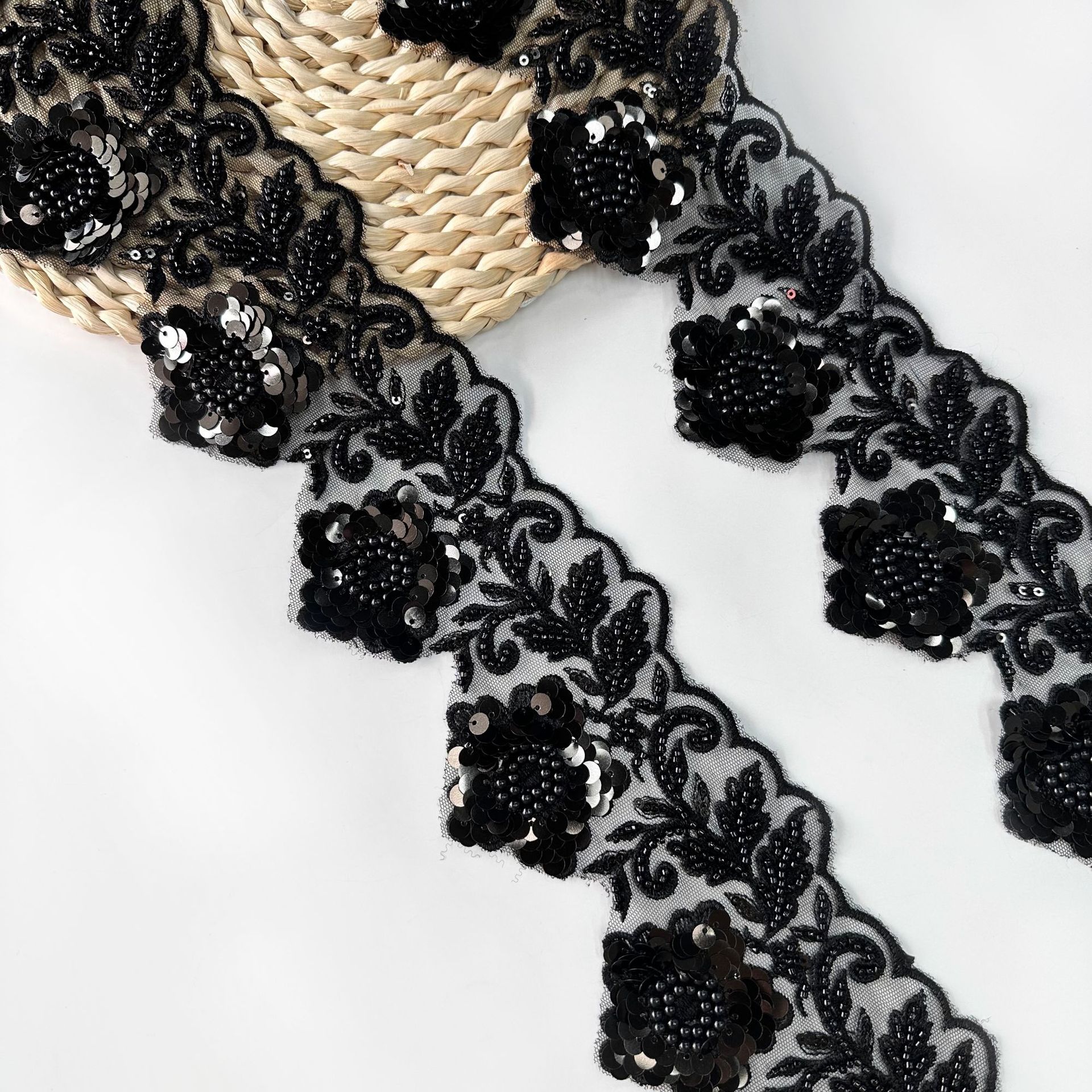 Hilo de malla negro de 10 cm de ancho, cuentas de clavos, lentejuelas, accesorios de ropa de encaje bordado, tocado cheongsam, accesorios para el cabello, accesorios para el cabello image 1