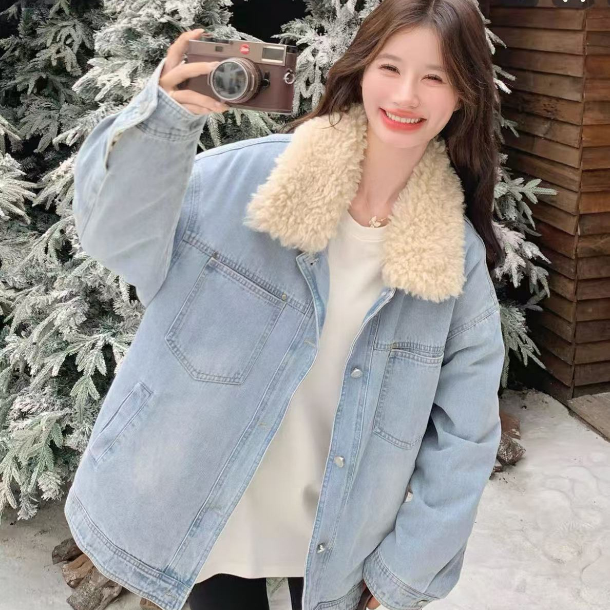 28087现货 毛领可以脱卸 四季青羊羔毛拼接牛仔羽绒服  不退换