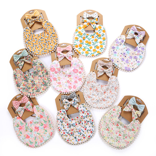 ins linen cotton double-sided printing baby anti-spitting saliva towel floral saliva pocket children's bib headband set