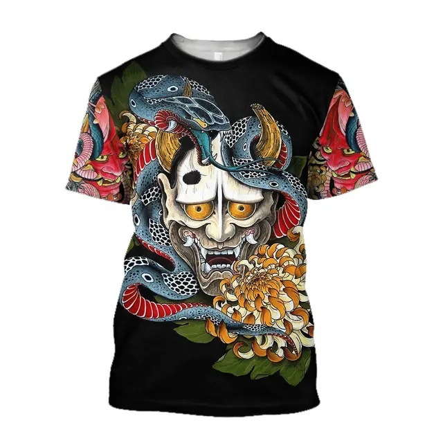 Tinta Jianghu Swordsman 3D Impresión digital Moda de la calle principal para hombres Camiseta de cuello redondo de manga corta transpirable de malla suelta