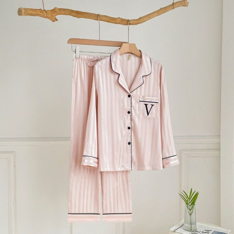 Sweet Striped Ice Silk Pajamas for Women, High-End and Luxurious, Can Be Worn Outside, Light Luxury Long-Sleeve Loungewear for Spring and Autumn, Customizable Sweet Striped Ice Silk Pajamas for Women, High-End and Luxurious, Can Be Worn Outside, Light Luxury Long-Sleeve Loungewear for Spring and Autumn, Customizable