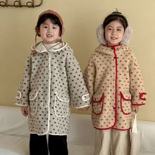 儿童羊羔毛大衣女童中长款圆点加绒厚新款秋冬装男童风衣宝宝外套