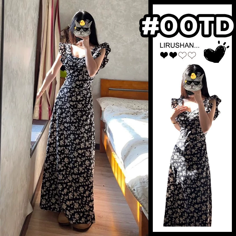 Платье с цветочным принтом в стиле французского платикодона для перерыва на чай, женское, ранняя весна 2025, новый стиль, длинная юбка с различными фасонами