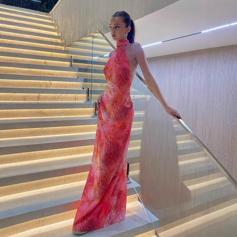 Fashion Backless Sleeveless Halterneck Evening Dress for Women European and American Cross-Border Women's New Leopard Print Hot Girl Dress