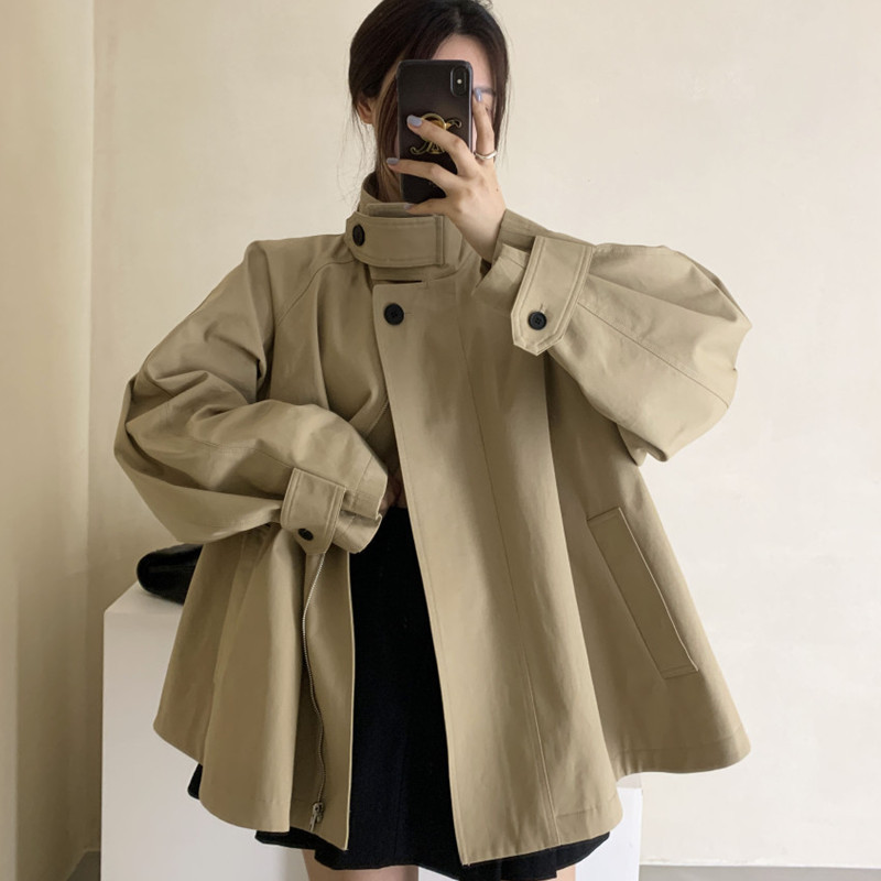 Korean Official Website Autumn and Winter Lazy Style New Niche Design Fashion Stand Collar Skirt Elegant Windbreaker Jacket Women's Clothing