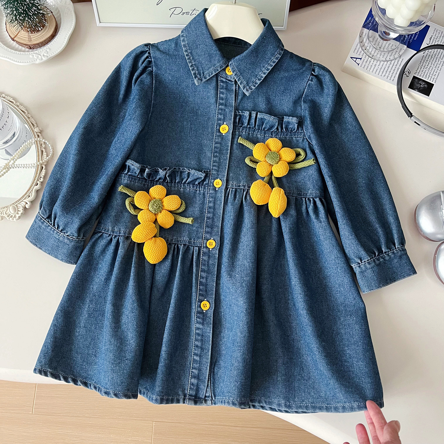 2024 autumn new Korean version girls' sunflower denim long sleeved dress, cute baby girl dress 67378_voghion.com