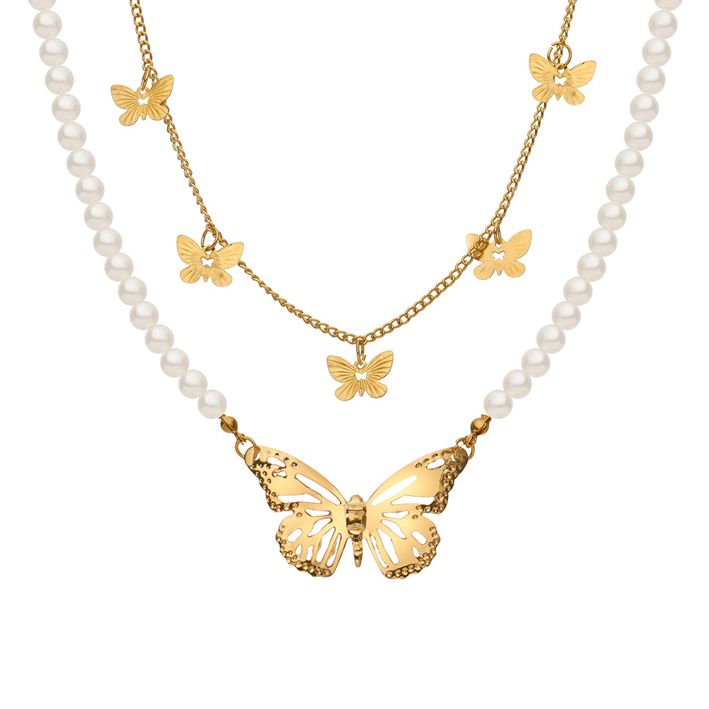 New Creative Women's Cute Butterfly Pearl Double Layer Alloy Necklace display picture 1