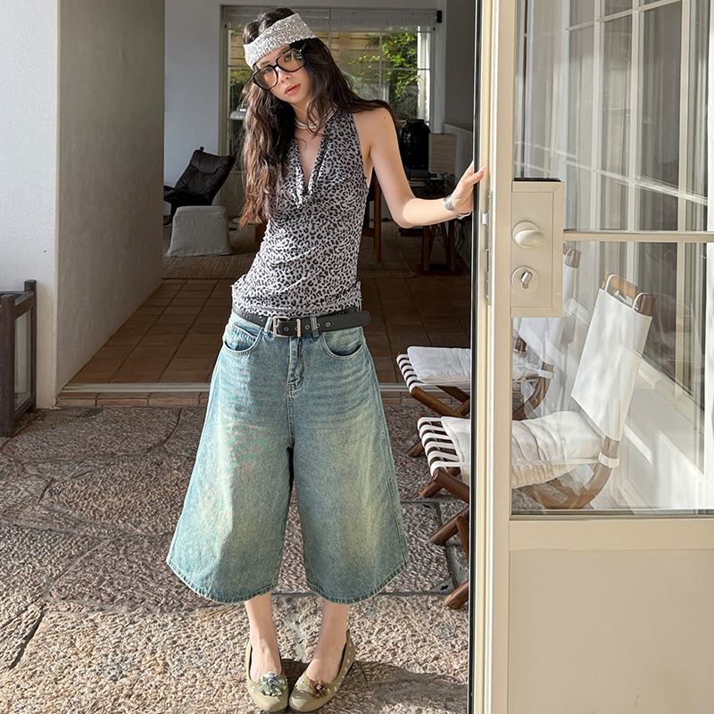 MMFISH Fashionable Street Wash Wide-leg Denim Loose Straight A- word Retro Old-fashioned Cropped Pants 25K223