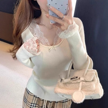 杏色蕾丝长袖t恤女秋季内搭可外穿修身显瘦纯欲打底衫针织衫上衣