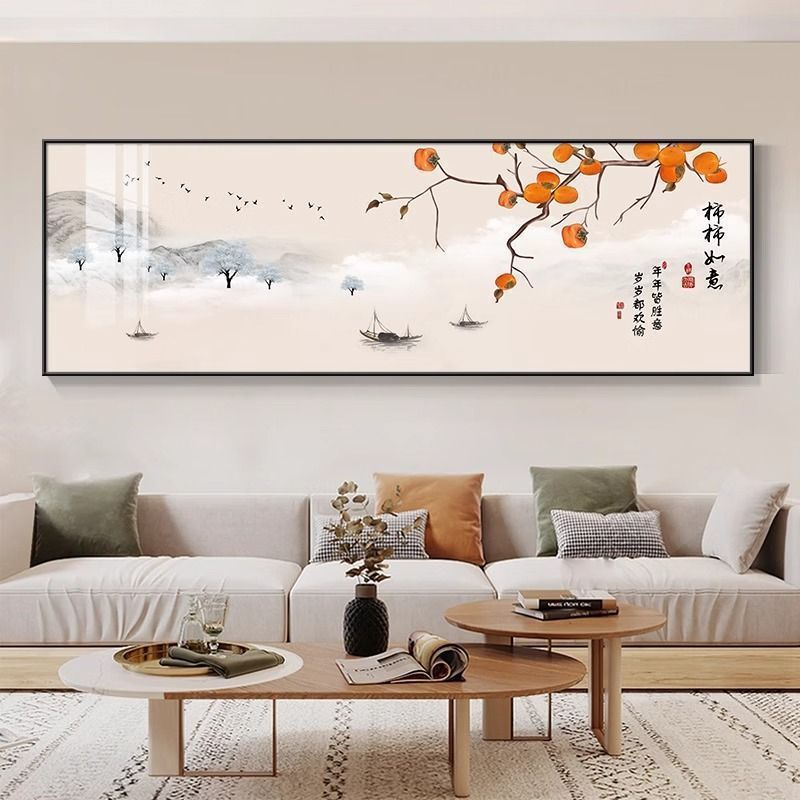 流水生財客間装飾画新中国式ソファー背景壁掛け画迎客松禅意茶室山水壁画|undefined