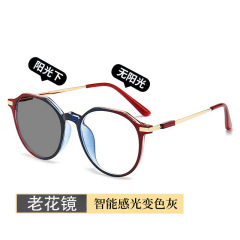 2401知能変色老眼鏡多角形男女不規則フレーム度数ブルーレイ感光グレーメガネ
