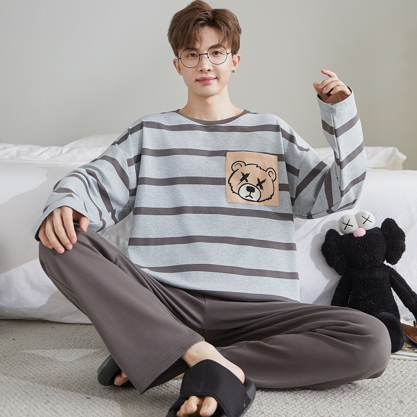 Autumn Cartoon Teenager Pajamas Men's Autumn Long-sleeved Pants suit Casual Outwear Student plus size Home Clothes