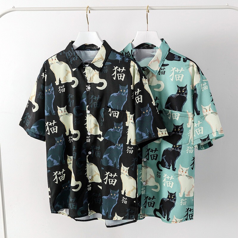 Japanese-Style Printed Cat Shirt for Men, Summer Trendy Brand, Stylish Loose Short-Sleeve Shirt, Youth Internet Celebrity Casual Thin Jacket