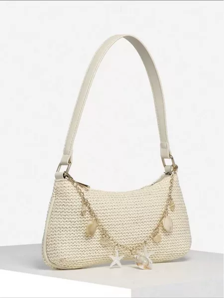 Fashionable Shell Pearl Straw Woven Underarm Bag, Stylish Casual Versatile Commuter Bag, Niche High-End Shoulder Bag