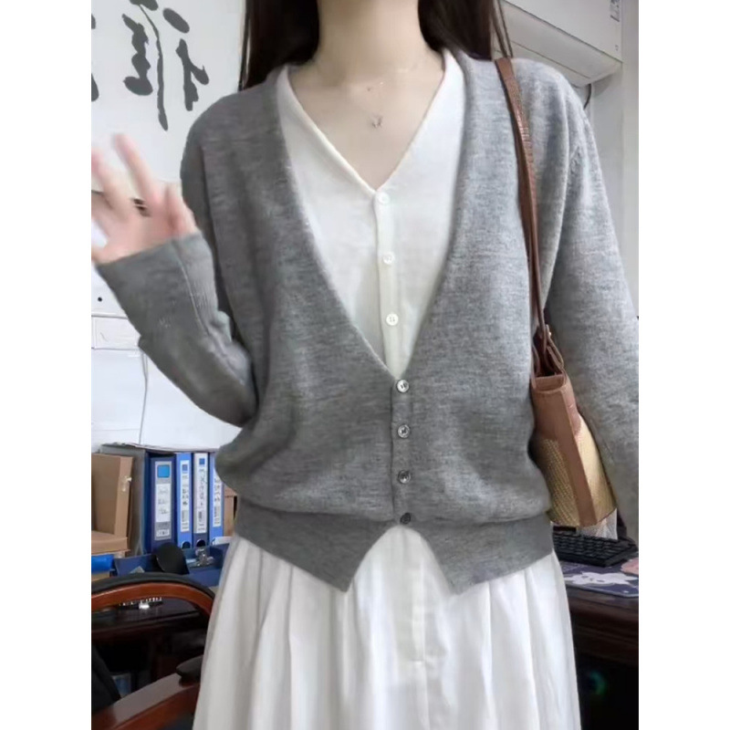 灰色V领假两件毛衣女早秋新款韩系宽松慵懒百搭高级感针织衫上衣|undefined