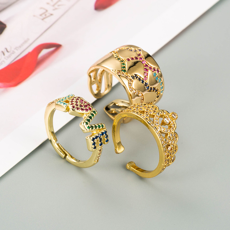 fashion letter LOVE crown copper micro-inlaid color zircon ring