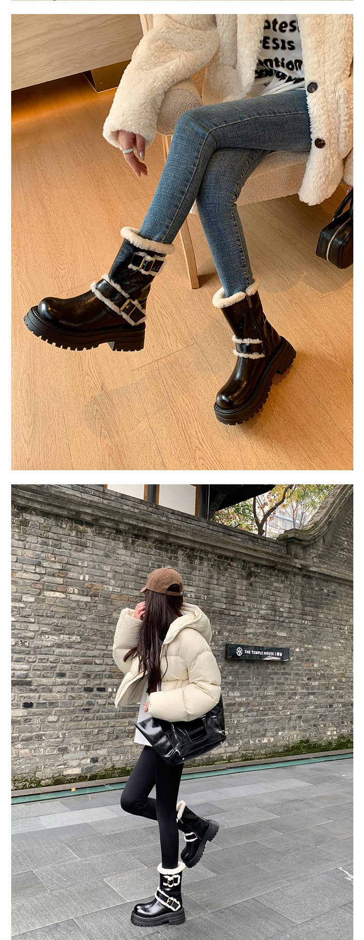 Boot tuyết nữ cổ thấp đế dày phong cách Anh, có khóa thắt lưng, lót lông ấm — màu đen chi tiết 12