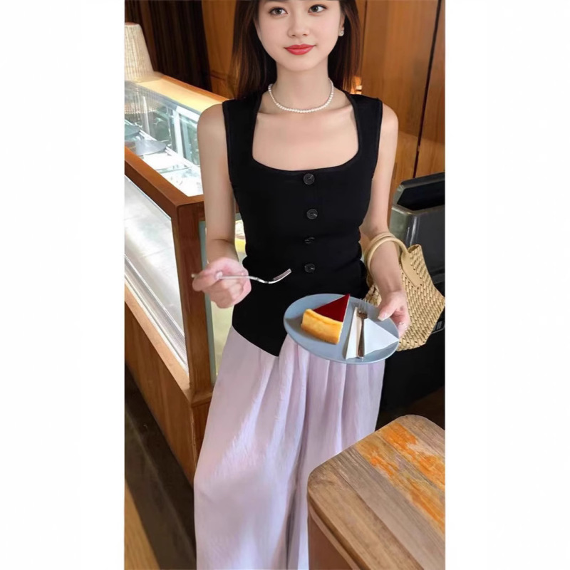 Square Collar Ice Silk Knitted Camisole Women's Summer New Outfit Chic Slim-Fit Slimming Short Sleeveless Split Top