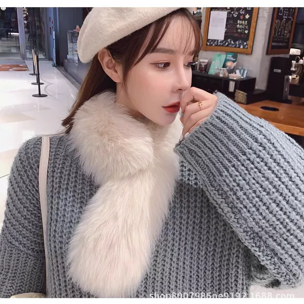 Autumn and winter faux fox fur scarf, women's long straight striped warm and thick double-sided crossover rabbit fur neck warmer, suitable for students