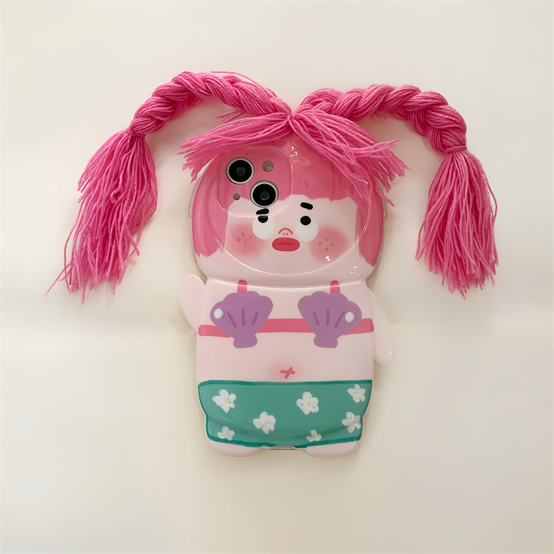 Capa de telemóvel 3d com menina trançada para iphone 15 pro max 13 14_voghion.com