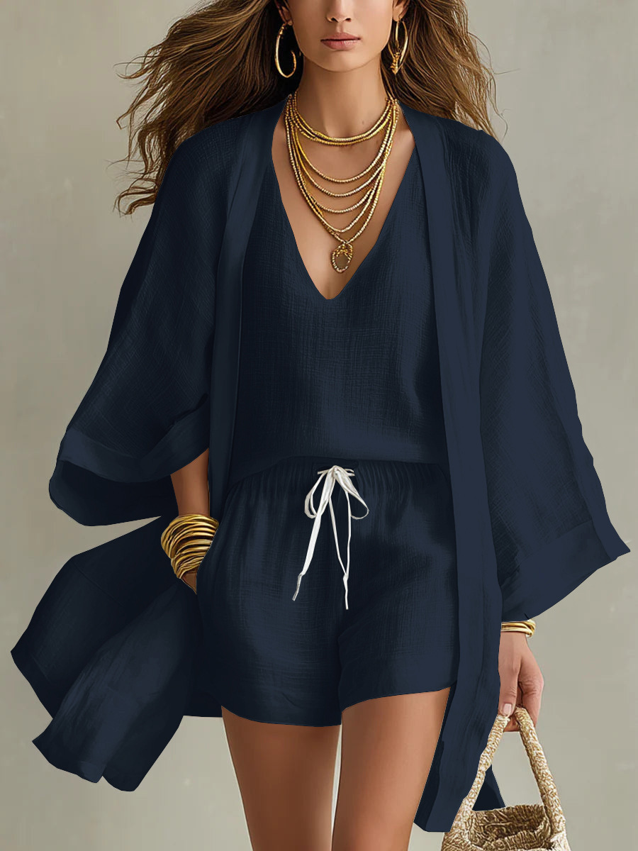 Women's Summer Casual Three Piece Set Loose Cotton Linen mid Length Cardigan Sleeveless Vest Shorts_ecoleips.com