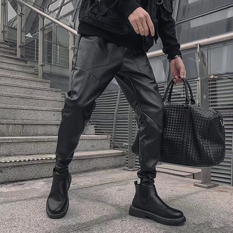 New winter men's casual stretch versatile motorcycle leather pants, Korean style, trendy brand, fleece-lined, thickened, warm cycling pants with jogger cuffs