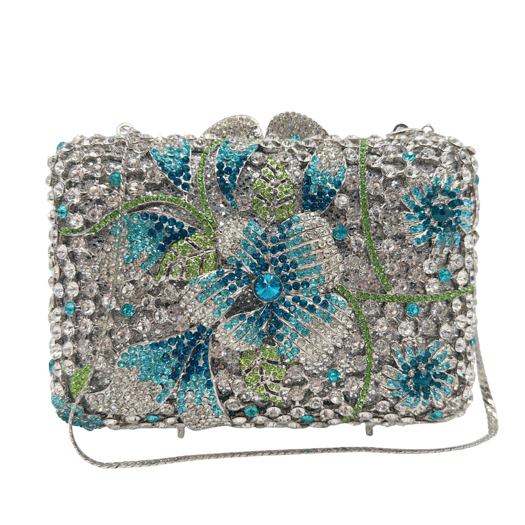 Túi clutch nữ đính đá dạ hội cầm tay họa tiết hoa kim cương — màu xanh bạc chi tiết 2