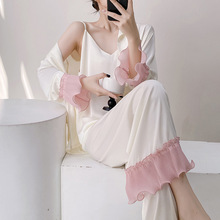 丝绸睡衣女薄款25新款长袖防凸三件套简约甜美夏冰丝家居服可外穿