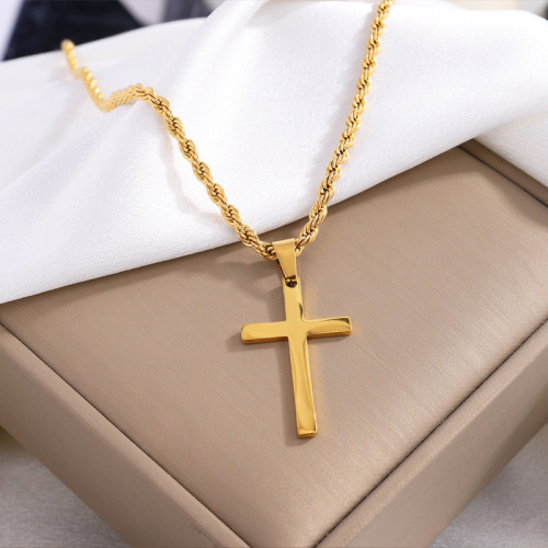 Titanium steel necklace, stainless steel men's high-end sense, twisted chain cross necklace, fashionable and versatile, does not fade pendant, wholesale