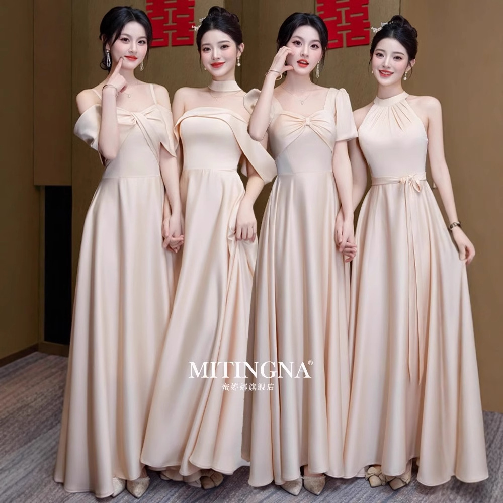 Champagne-Colored Satin Bridesmaid Dress 2026 New Style for Sister Groups, Niche Annual Meeting Style, Engagement Dress, Dress That Can Be Worn Daily by Women
