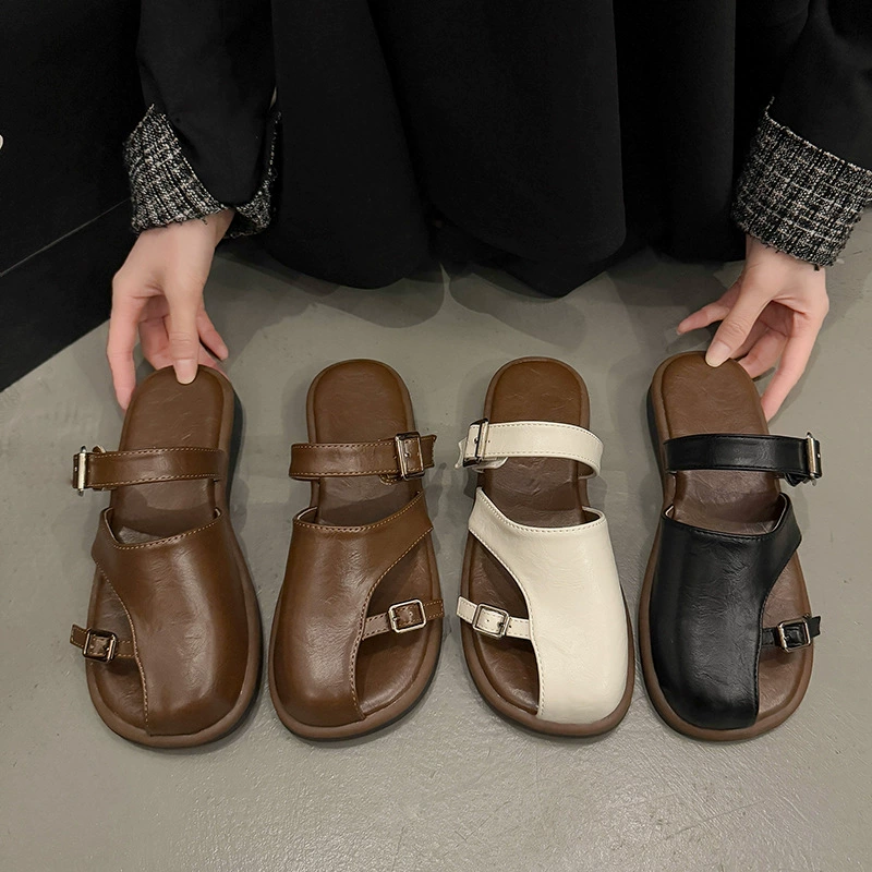 Полутапочки Baotou для женской верхней одежды, весна 2025, новый стиль, мягкий кожаный ремень с пряжкой, внутренняя утолщенная подошва, ленивые тапочки