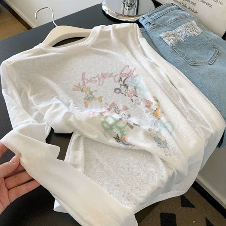 Korean-Style Sweet White Spring and Summer New Loose-Fitting Thin Semi-Transparent Printed Long-Sleeve Sun Protection Cover-Up T-Shirt for Women