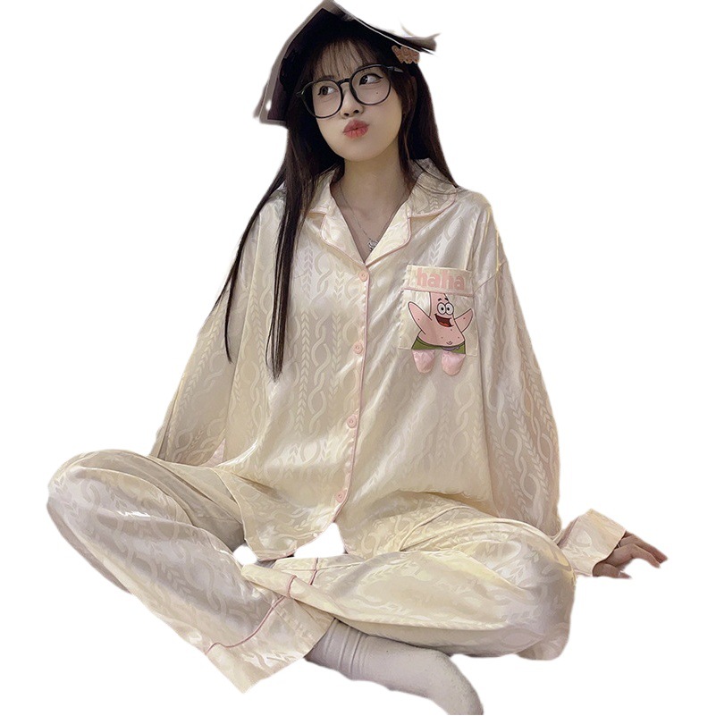 Paidaxing popular ins estilo pijamas de seda del hielo las mujeres otoño y el invierno cardigan manga larga dulce linda chica desgaste en casa traje