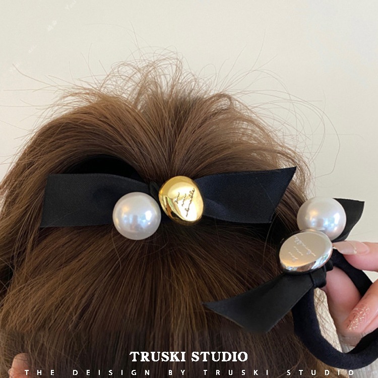 Cuerda para el cabello con lazo negro, banda de goma de cola de caballo de alta calidad femenina, lazo para el cabello duradero de alta elasticidad, tocado de diseño de perlas