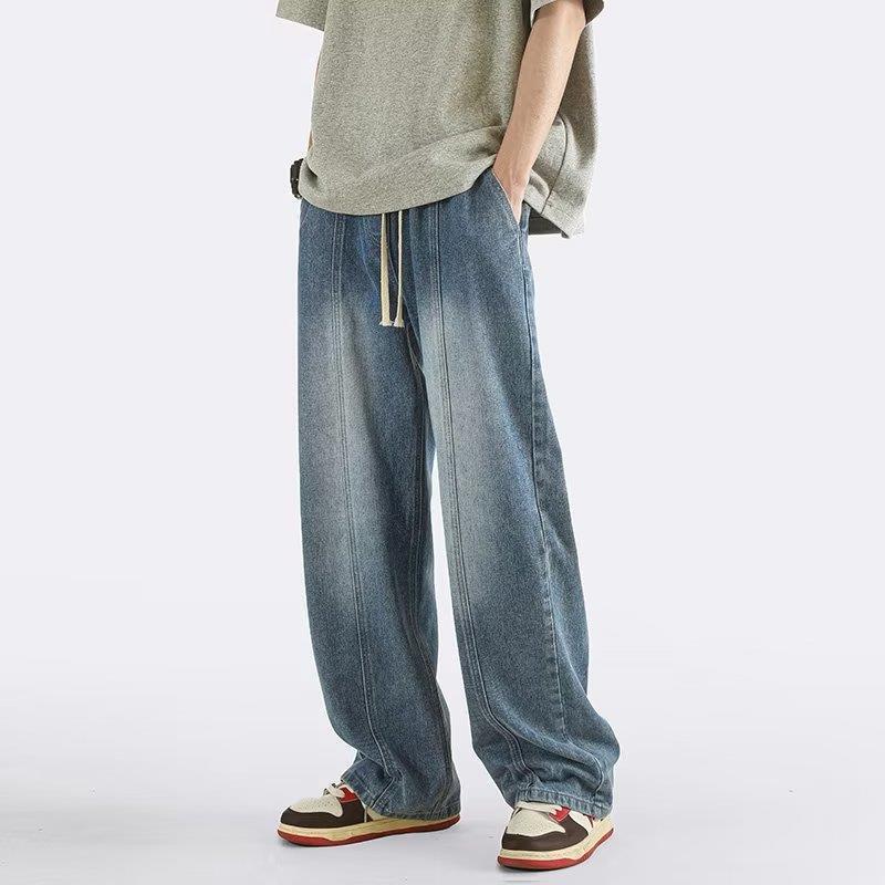 American retro street drawstring elastic waist jeans men's niche fashion brand loose BF style straight wide leg mopping pants