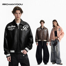 浅耀男装|美式复古烫钻刺绣pu皮衣男女翻领宽松棒球服短机车外套