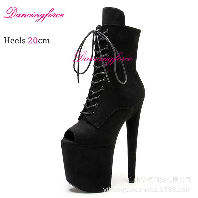 New 20cm Super High Heel Thick Bottom Nightclub Model Steel Tube Dance Ankle Boots Suede Fish Mouth Hate Sky High Waterproof Platform Women's Shoes