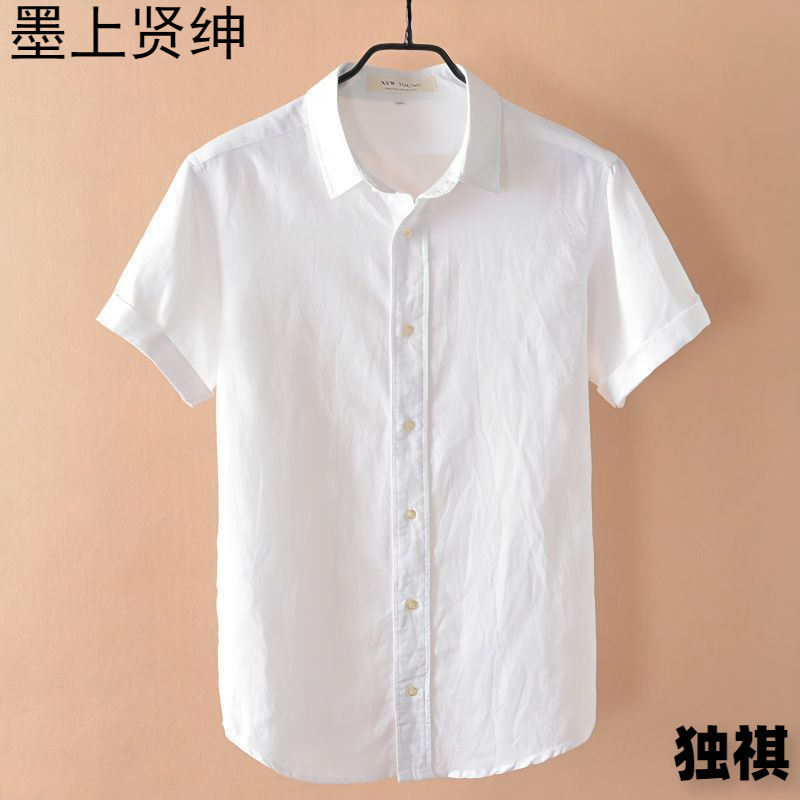 通気性のあるリネンシャツメンズ半袖スリムトップ夏薄いラペルユースコットンとリネンカジュアルホワイトシャツ|undefined
