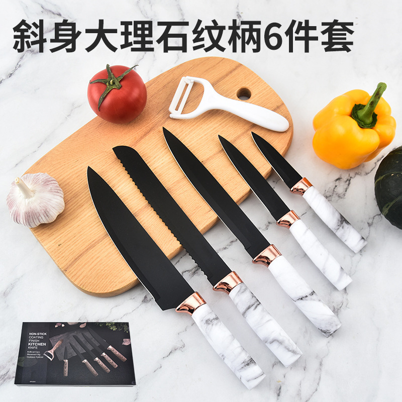 Acero inoxidable pintado chapado en oro rosa cabeza oblicua marbling mango blanco de seis piezas caja de regalo traje cortador