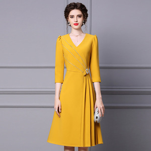 Dress Yellow High class V-neck Three quarter sleeve belly covering nail drill a-shaped skirt