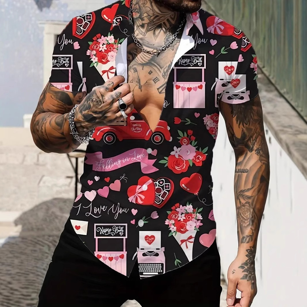 3d love blusa de manga corta con estampado digital, cita romántica, camisa de un solo pecho transpirable de estilo casual de todo fósforo MB1