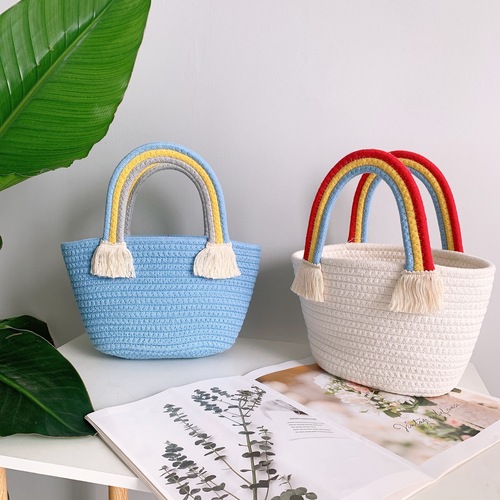 Ins-style Nordic rainbow cloud pattern hand-held cotton cord woven bag, beach vacation sandbag, versatile bag