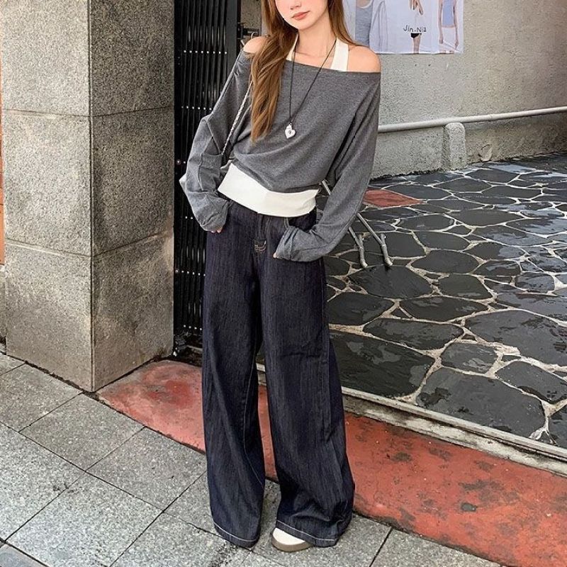 挂脖一字领露肩修身长袖打底衫女秋季辣妹撞色假两件拼接短款上衣|undefined