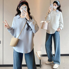 孕妇装卫衣套装2026春秋季中长款时尚假两件衬衫领上衣遮肚子减龄