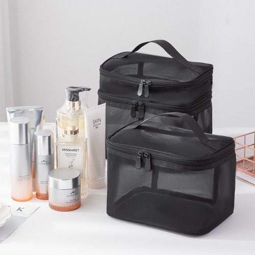 Netting Makeup Bag Double Layer Large Capacity Nail Art Bag Hollow Out Handbag Cosmetic Organizer New Style Wash Bag 