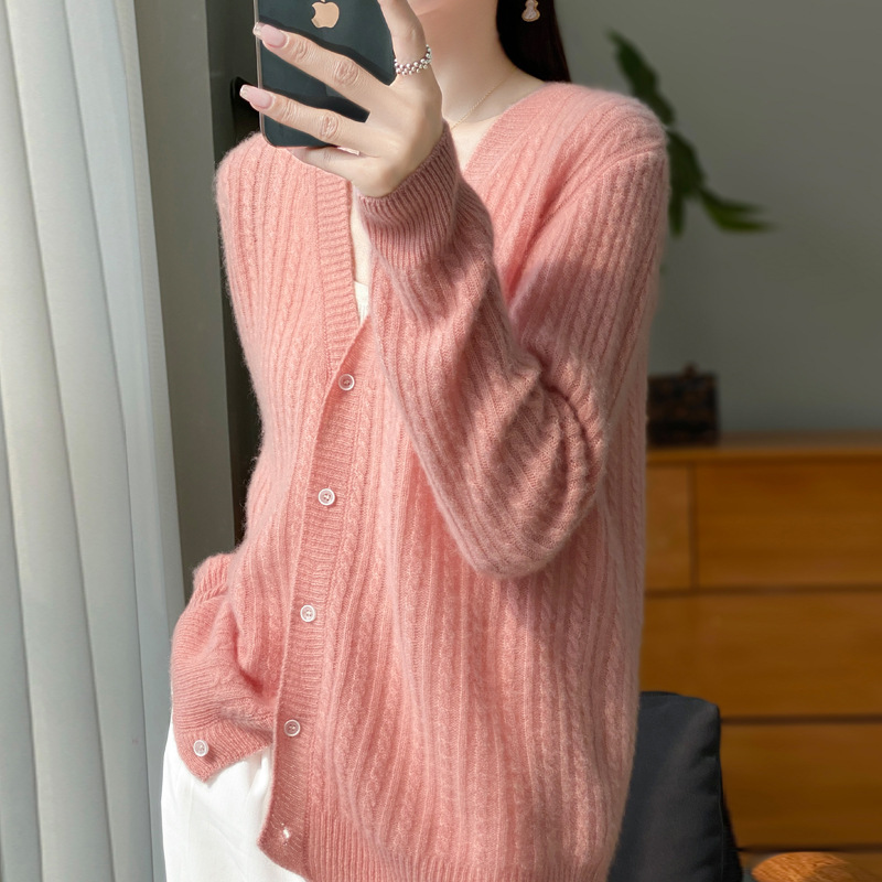 羊毛开衫女100纯羊毛春秋款V领扭花毛衣外套外搭针织衫打底衫|undefined